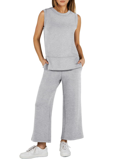 Limited time sale🔥Women's Sleeveless Slit Hem Wide Leg Suit Casual Two Piece Set