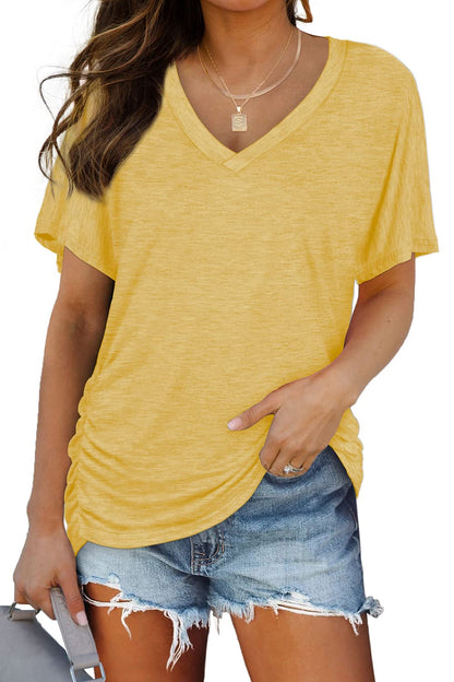 Women's Short Sleeve V Neck Dolman Tops with Side Pleats