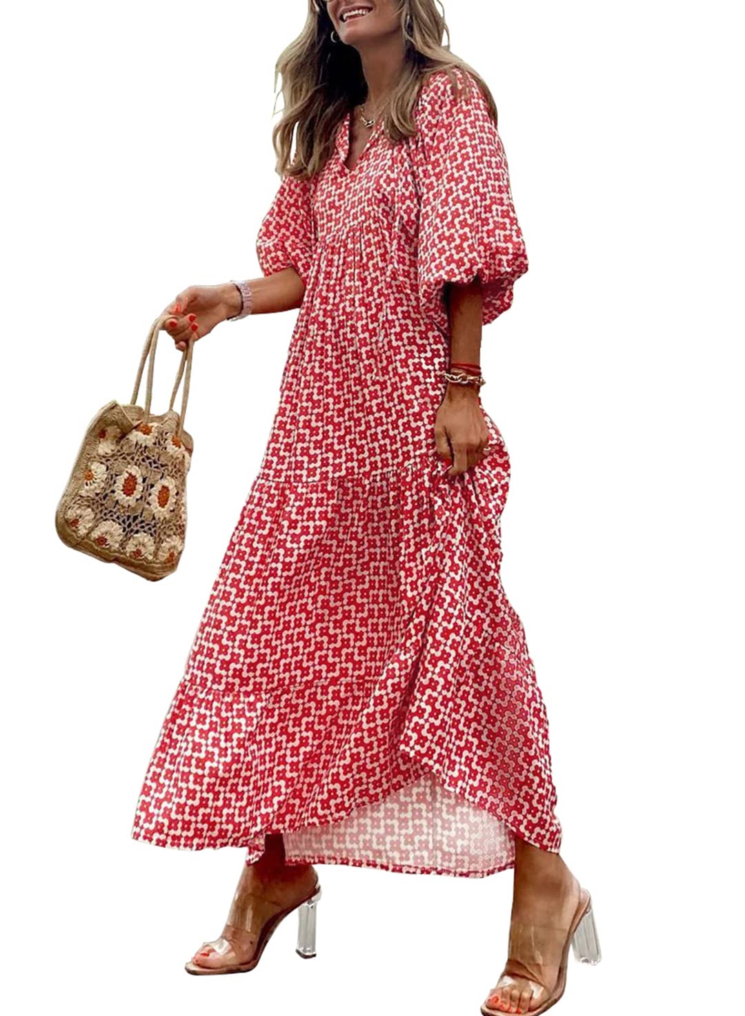 SUMMER CHIC- Women's Puff Sleeve Floral Boho Maxi Dress (Buy 2 Free Shipping)