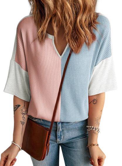 Limited time sale🔥Women's Half Sleeve Waffle Knit Casual V Neck Colorblock Patchwork Shirts