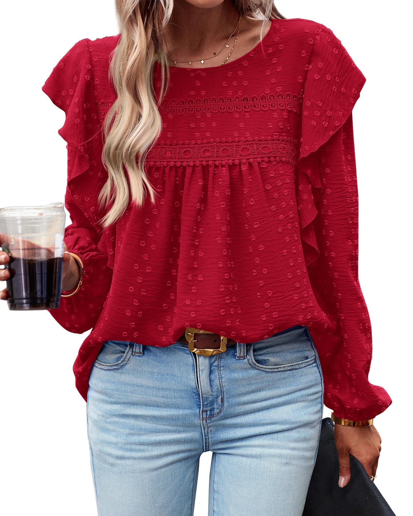 Women's Swiss Polka Dot Babydoll Top With Ruffles