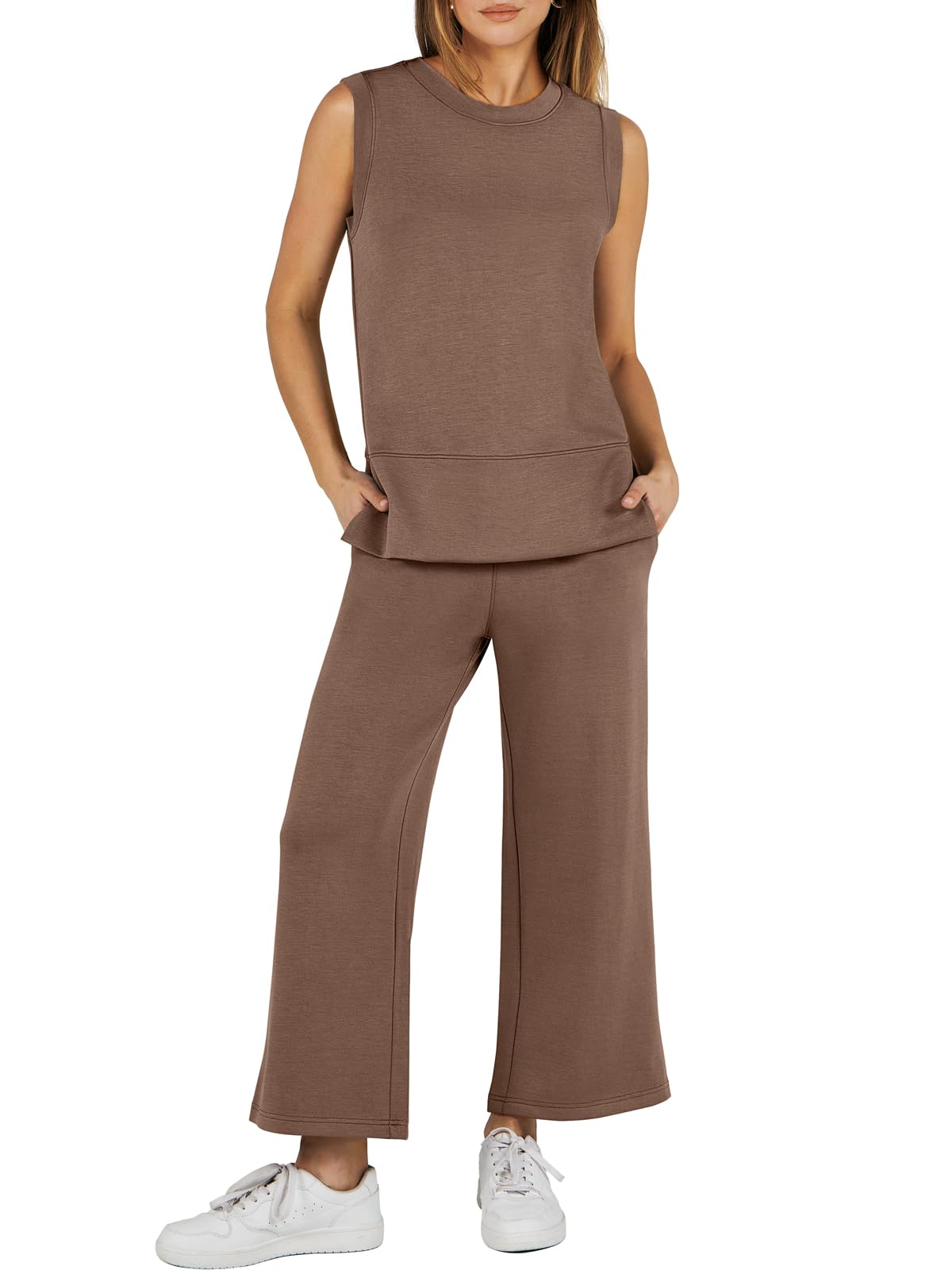Limited time sale🔥Women's Sleeveless Slit Hem Wide Leg Suit Casual Two Piece Set