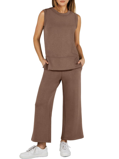 Limited time sale🔥Women's Sleeveless Slit Hem Wide Leg Suit Casual Two Piece Set