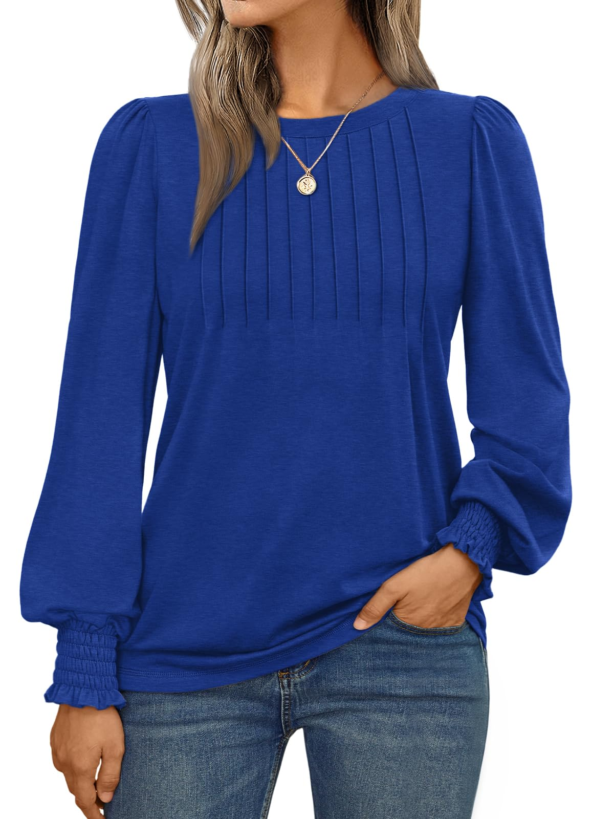 Long Sleeve Shirts Womens Pleated Business Casual Blouses