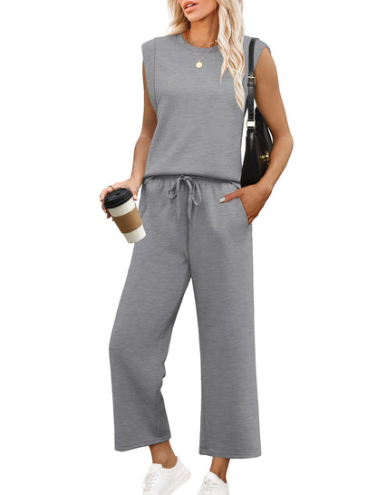 ✨Women's Casual Cap Sleeve Top Wide Leg Crop Pants Two Piece Sets