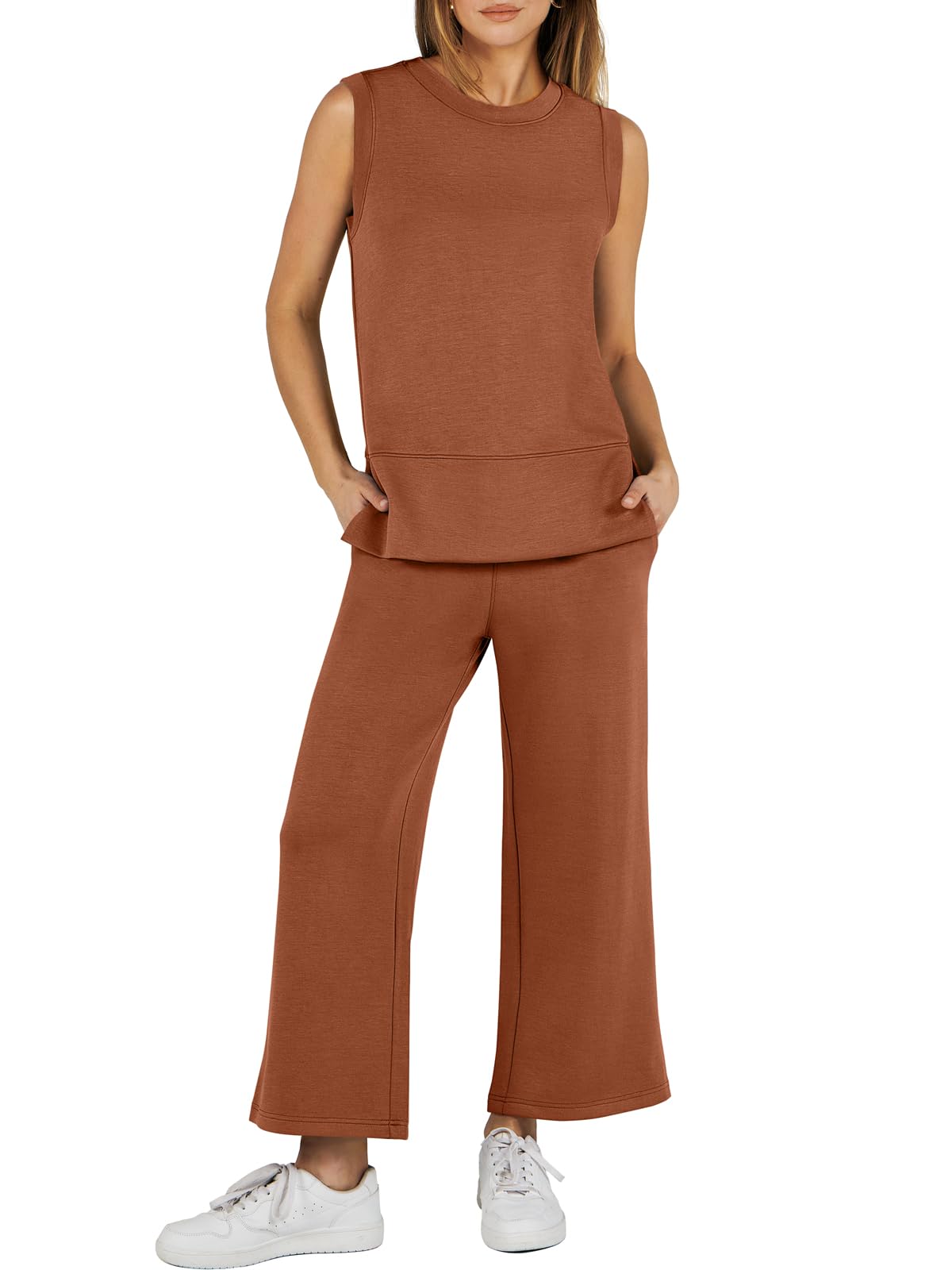 Limited time sale🔥Women's Sleeveless Slit Hem Wide Leg Suit Casual Two Piece Set