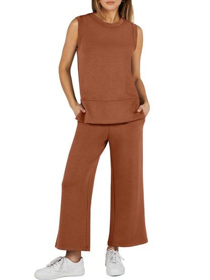Limited time sale🔥Women's Sleeveless Slit Hem Wide Leg Suit Casual Two Piece Set