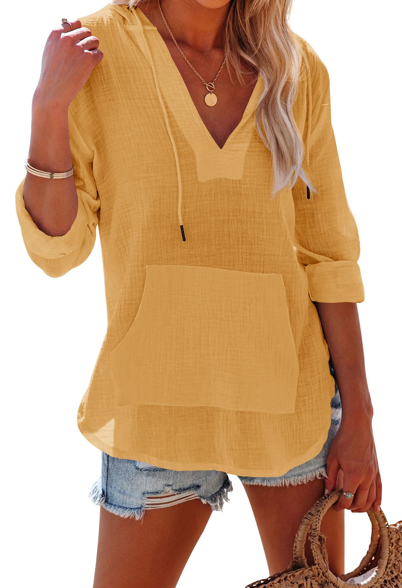 Limited time sale🔥 Women's Long Sleeve V Neck Pocketed Hooded Shirt Top
