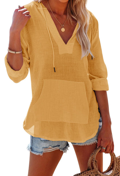 Limited time sale🔥 Women's Long Sleeve V Neck Pocketed Hooded Shirt Top