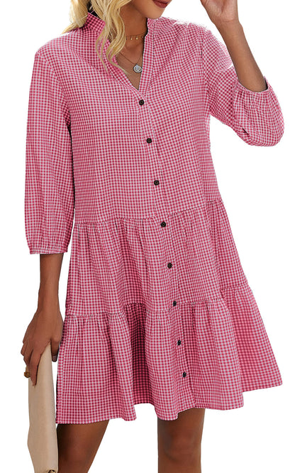 Limited time sale🔥Women's Button Down 3/4 Sleeve Gingham Shirt Dress