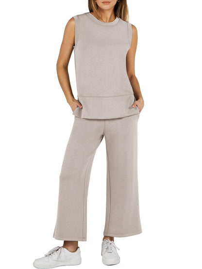 Limited time sale🔥Women's Sleeveless Slit Hem Wide Leg Suit Casual Two Piece Set