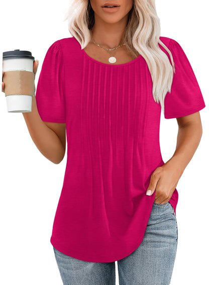 Women's Short Sleeve Pleated Dressy Casual Scooped Neck Tops