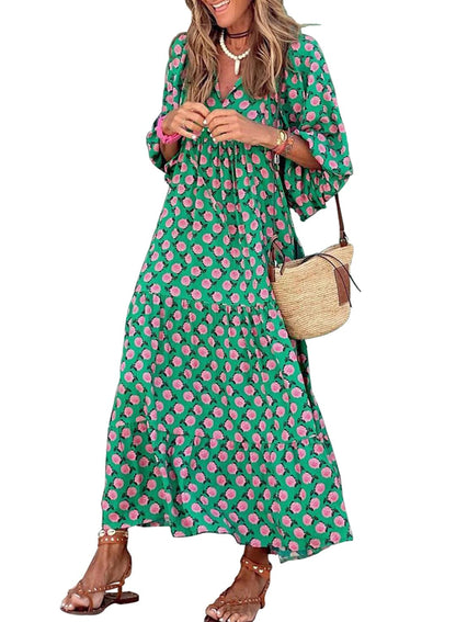 SUMMER CHIC- Women's Puff Sleeve Floral Boho Maxi Dress (Buy 2 Free Shipping)