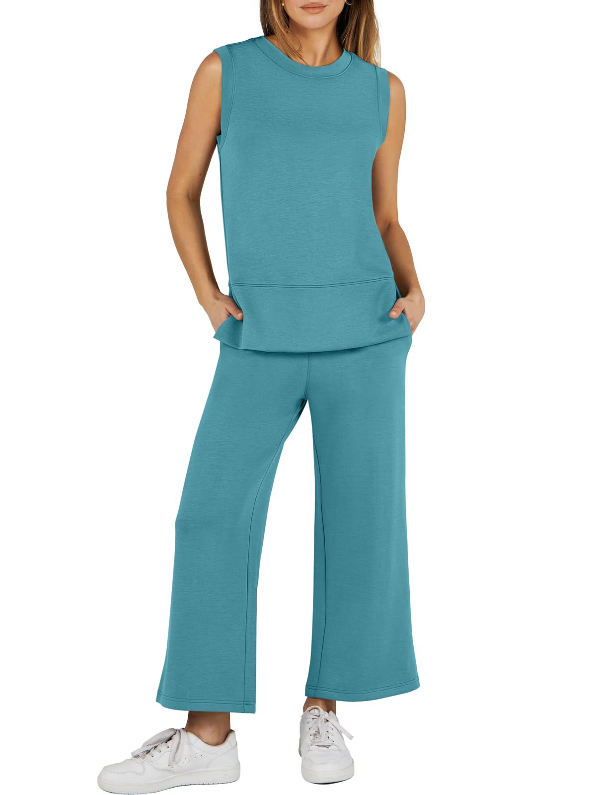 Limited time sale🔥Women's Sleeveless Slit Hem Wide Leg Suit Casual Two Piece Set