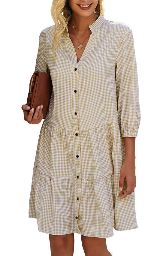 Limited time sale🔥Women's Button Down 3/4 Sleeve Gingham Shirt Dress