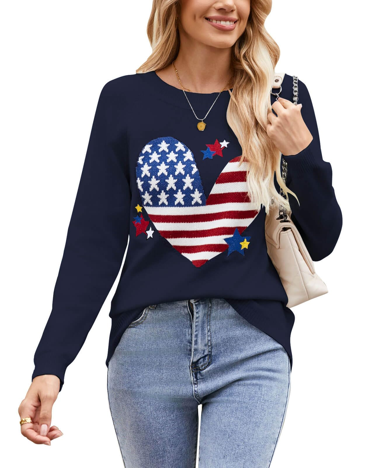Women's Pullover Sweaters Long Sleeve Front Ribbed Knitted Cute Heart Sweater