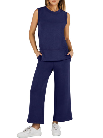 Limited time sale🔥Women's Sleeveless Slit Hem Wide Leg Suit Casual Two Piece Set