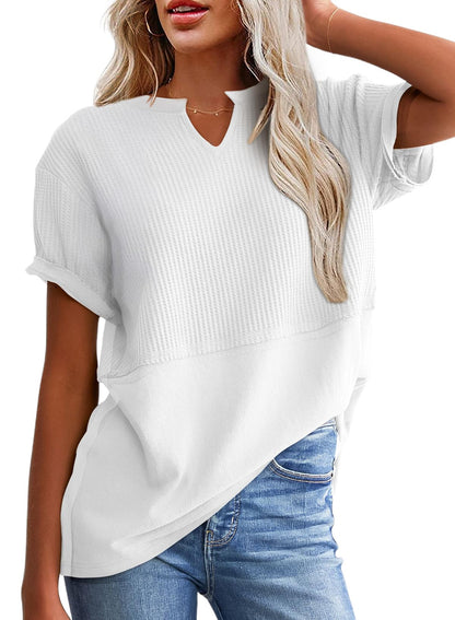 Limited time sale🔥Women's Casual V Neck Waffle Knit Tops Short Sleeve T Shirts