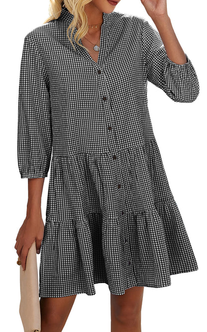 Limited time sale🔥Women's Button Down 3/4 Sleeve Gingham Shirt Dress