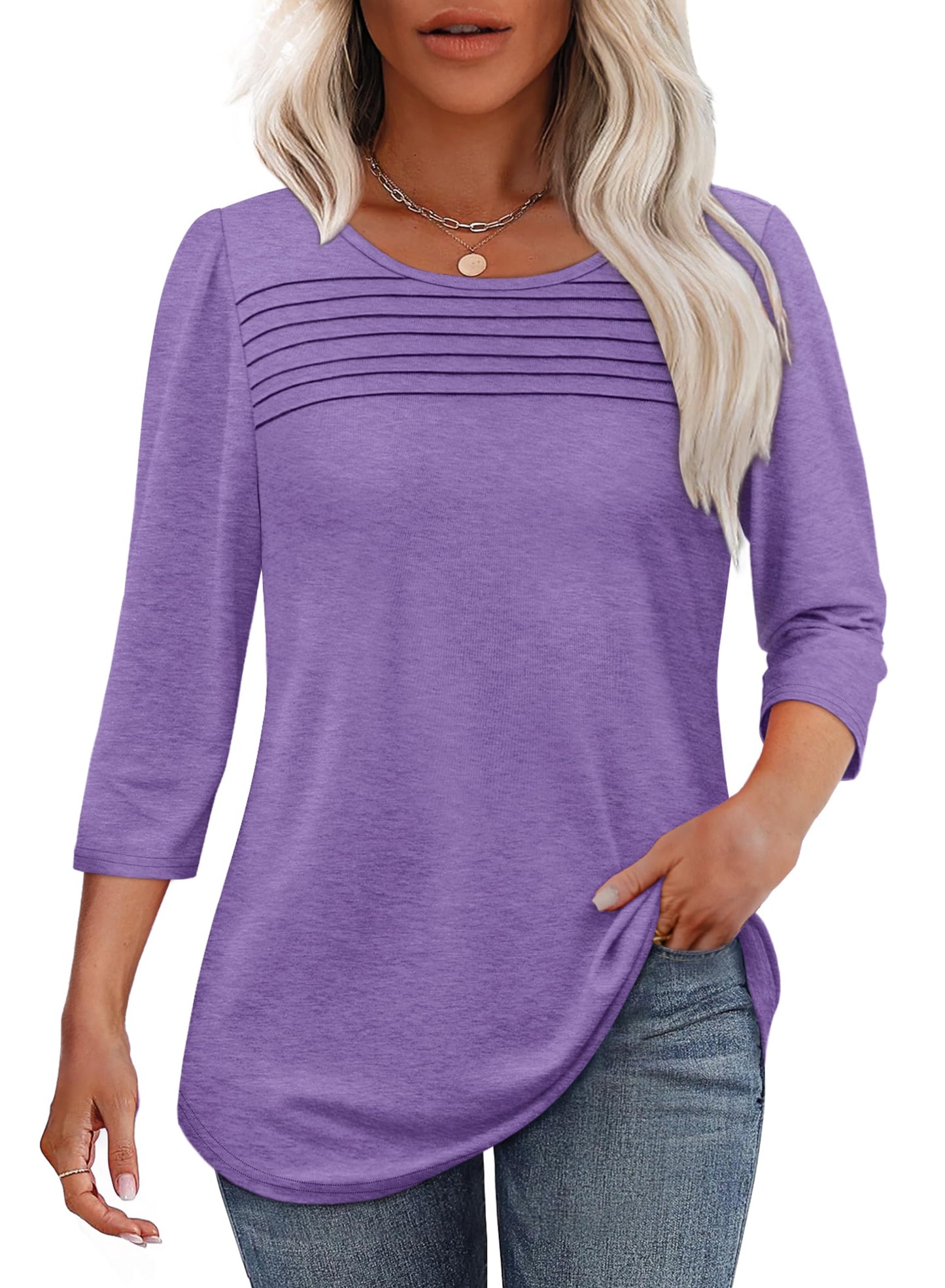 ✨ Women's 3/4 Length Sleeve Top Pleated Front T-Shirt
