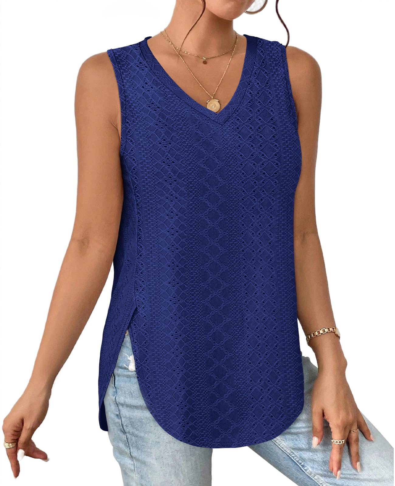 ✨ Womens V Neck Eyelet Embroidery Casaul Sleeveless Shirts