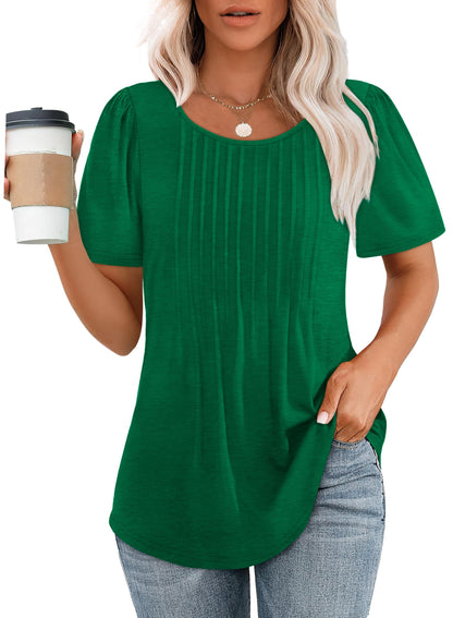 Women's Short Sleeve Pleated Dressy Casual Scooped Neck Tops