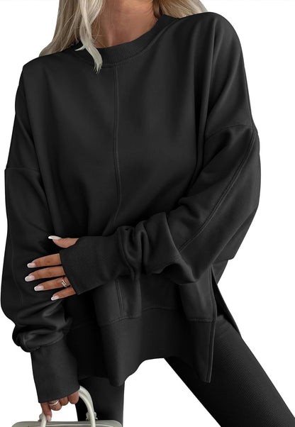 Limited time sale🔥Womens Oversized Thumbhole Long Sleeve Side Slit Pullover Top