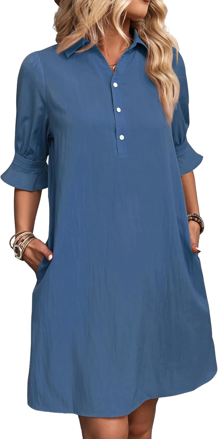 ✨Hot Sale-Womens Casual Shirt Dress Ruffle Sleeve Solid Color Button Down