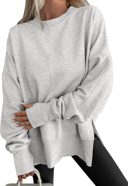 Limited time sale🔥Womens Oversized Thumbhole Long Sleeve Side Slit Pullover Top