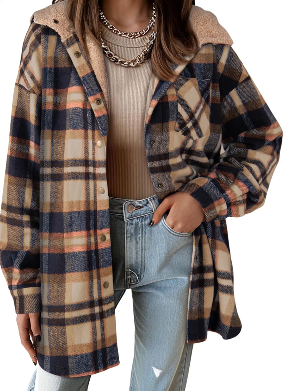 Women's Flannel Hooded Plaid Shacket Thick Coat Fuzzy Fleece Jacket