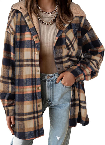 Women's Flannel Hooded Plaid Shacket Thick Coat Fuzzy Fleece Jacket