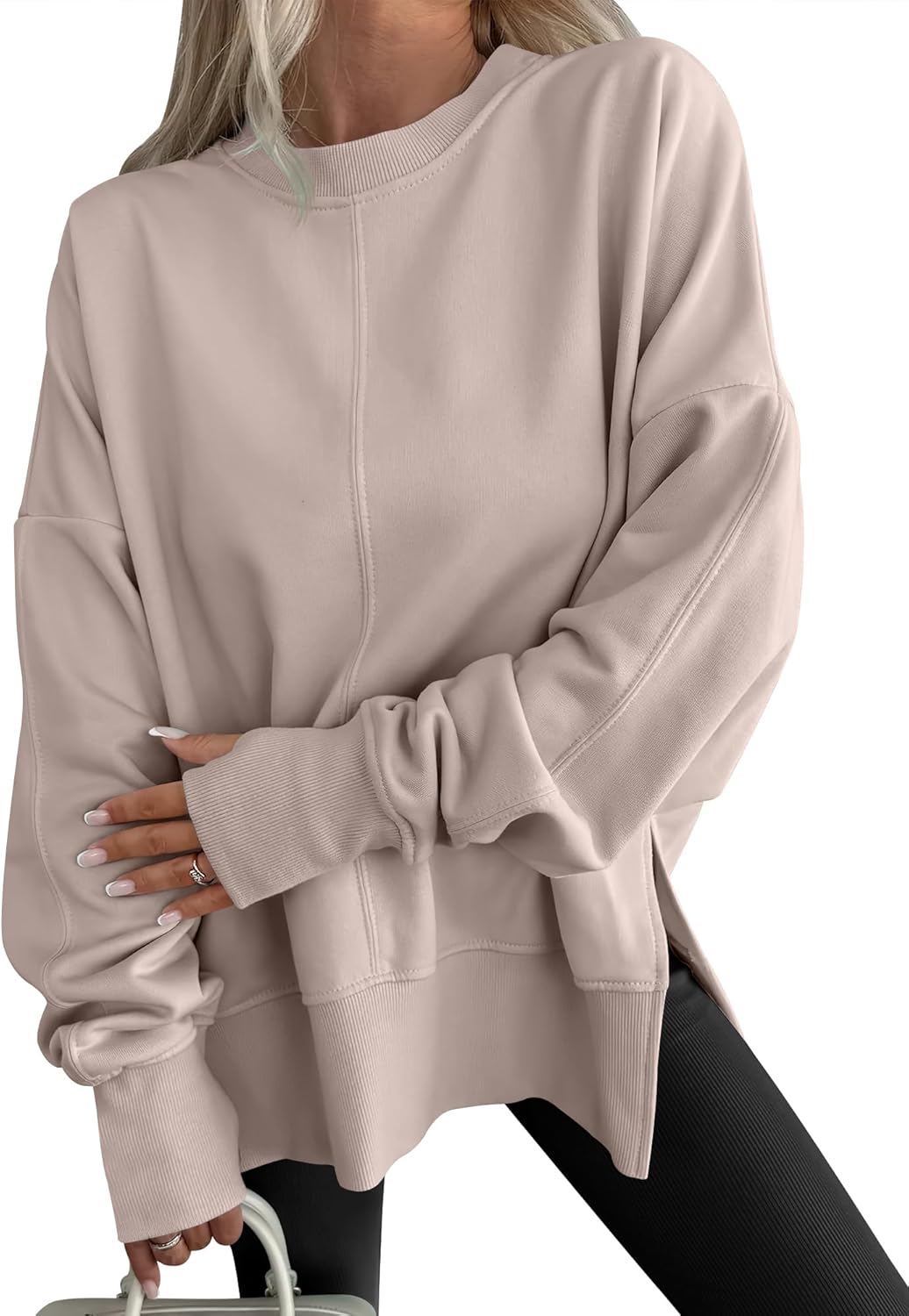 Limited time sale🔥Womens Oversized Thumbhole Long Sleeve Side Slit Pullover Top