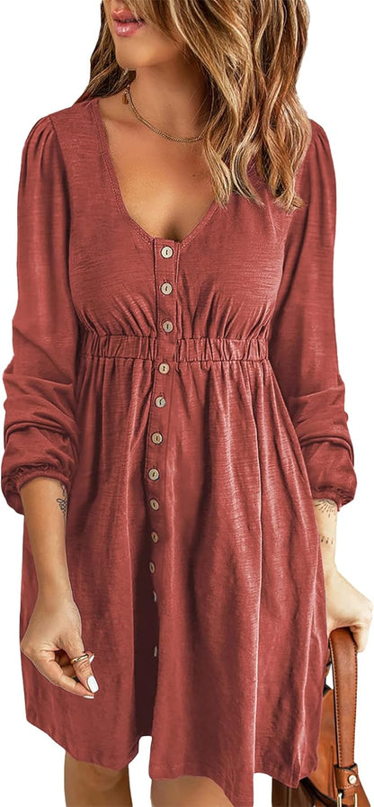 ✨Women  Button DownDresses Long Sleeve Crew Neck Solid  Dress