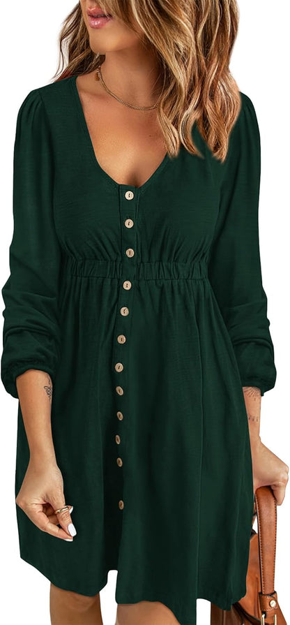 ✨Women  Button DownDresses Long Sleeve Crew Neck Solid  Dress