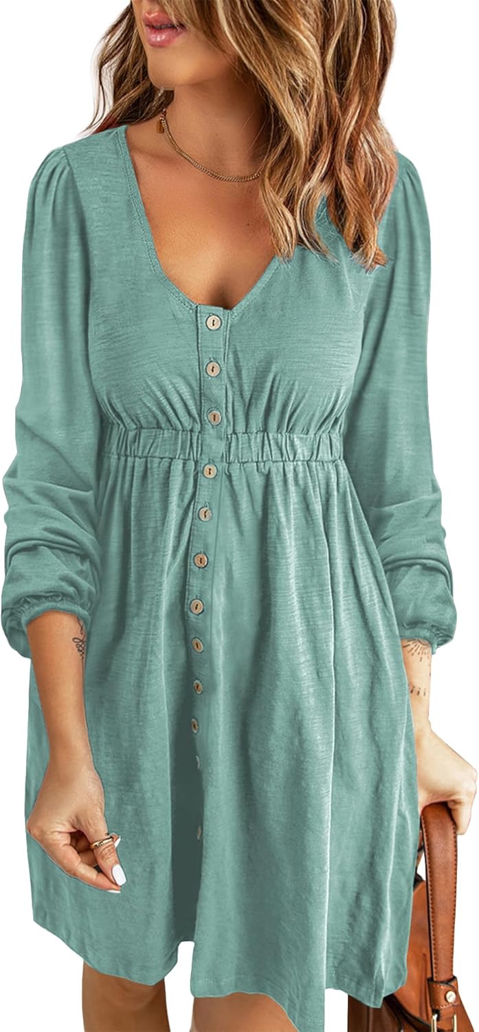 ✨Women  Button DownDresses Long Sleeve Crew Neck Solid  Dress