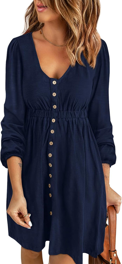 ✨Women  Button DownDresses Long Sleeve Crew Neck Solid  Dress