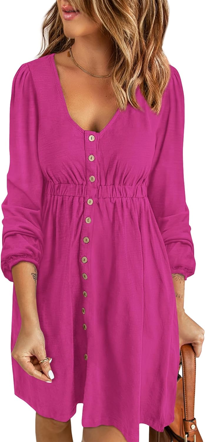 ✨Women  Button DownDresses Long Sleeve Crew Neck Solid  Dress