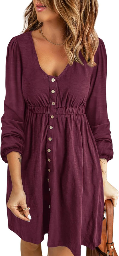 ✨Women  Button DownDresses Long Sleeve Crew Neck Solid  Dress