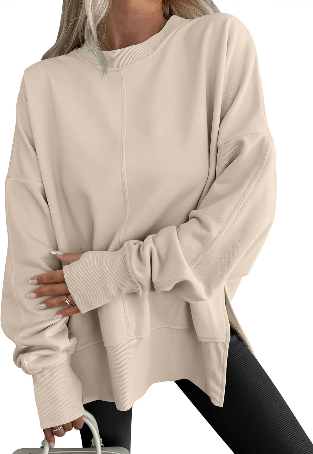 Limited time sale🔥Womens Oversized Thumbhole Long Sleeve Side Slit Pullover Top