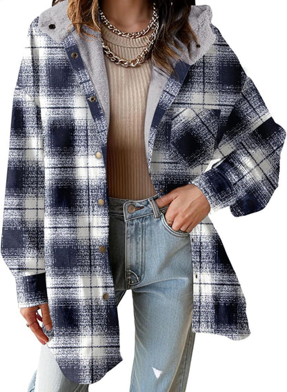 Women's Flannel Hooded Plaid Shacket Thick Coat Fuzzy Fleece Jacket