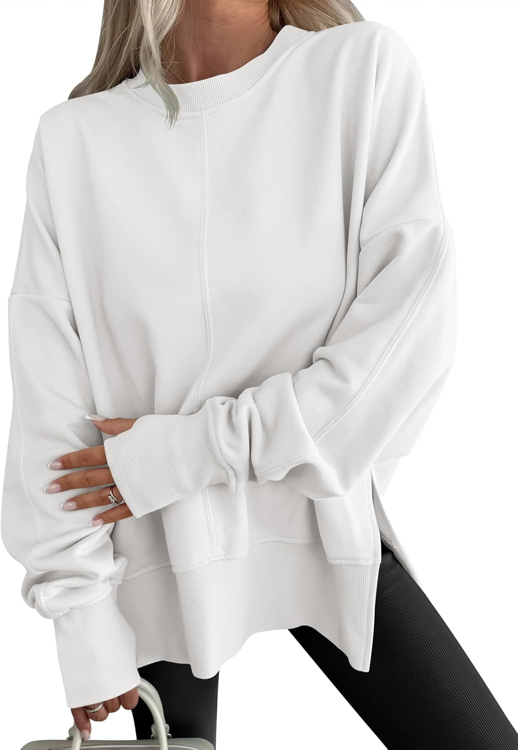 Limited time sale🔥Womens Oversized Thumbhole Long Sleeve Side Slit Pullover Top