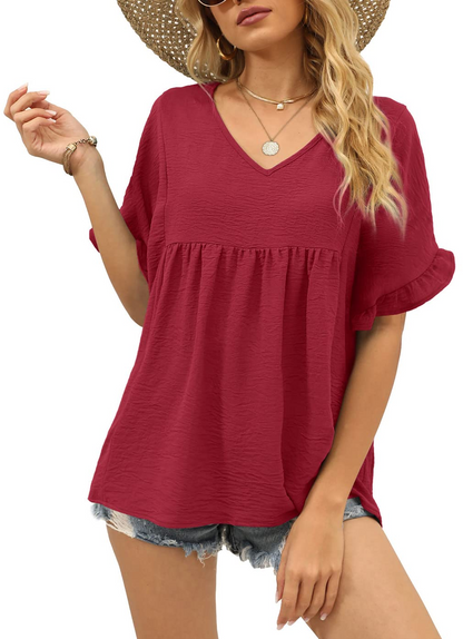 Limited time sale🔥Womens Casual V Neck Ruffle Sleeve T Shirts Babydoll Loose Fit Peplum Tops
