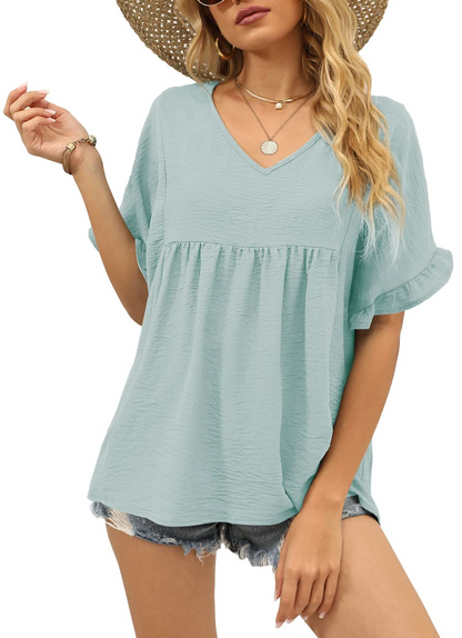 Limited time sale🔥Womens Casual V Neck Ruffle Sleeve T Shirts Babydoll Loose Fit Peplum Tops