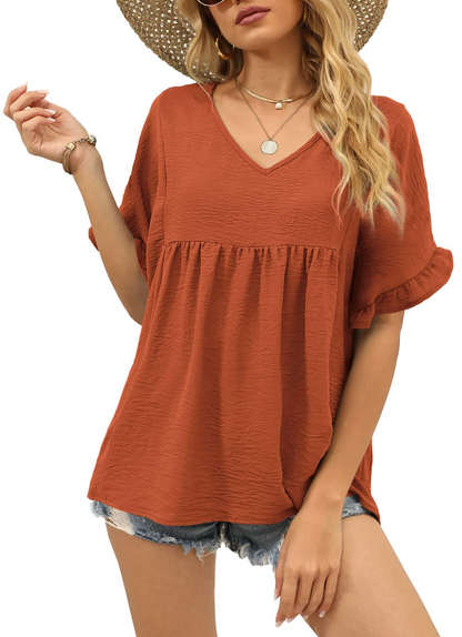 Limited time sale🔥Womens Casual V Neck Ruffle Sleeve T Shirts Babydoll Loose Fit Peplum Tops