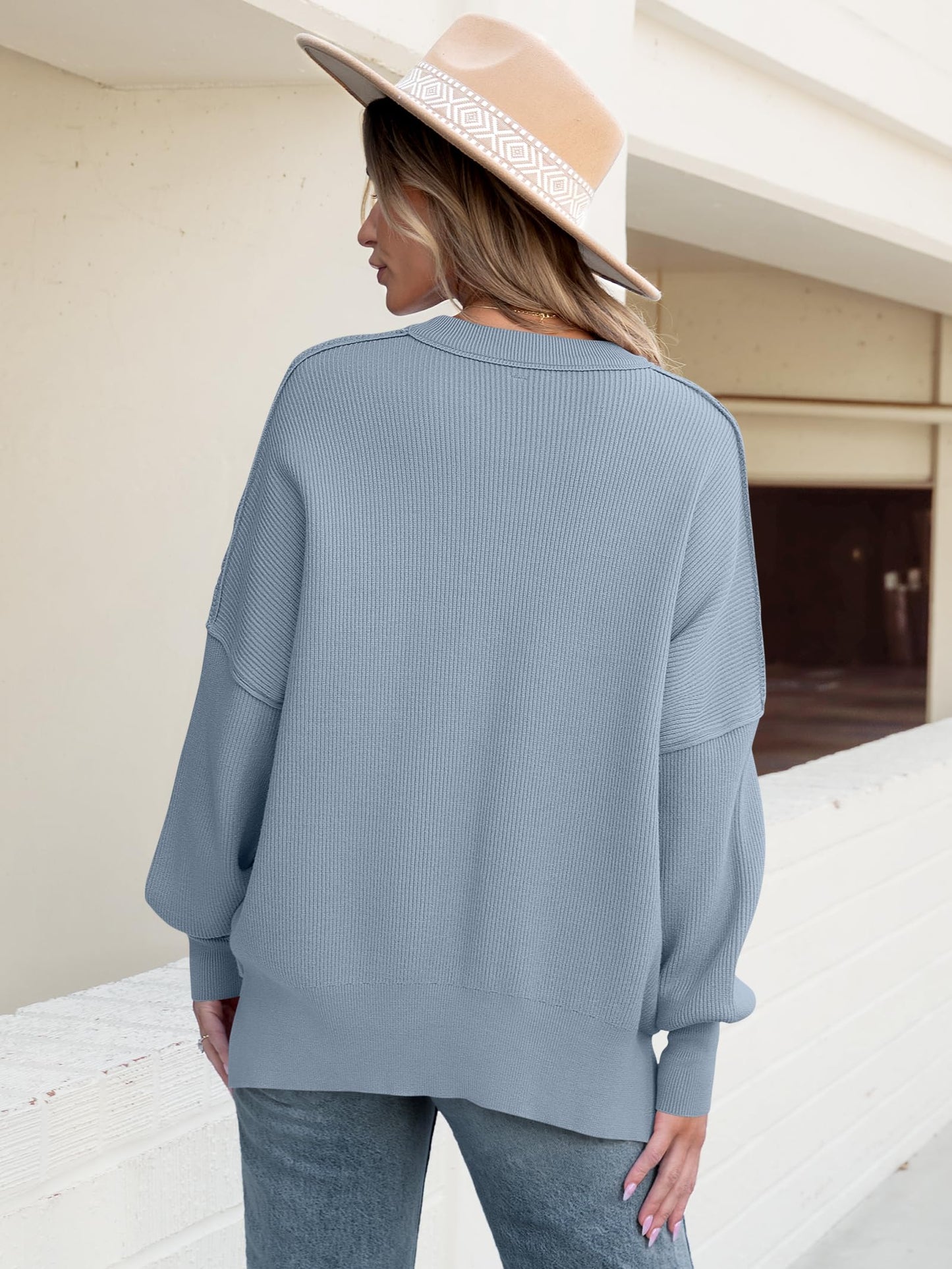 Women Oversized Side Slit Ribbed Knit Pullover Sweaters Top