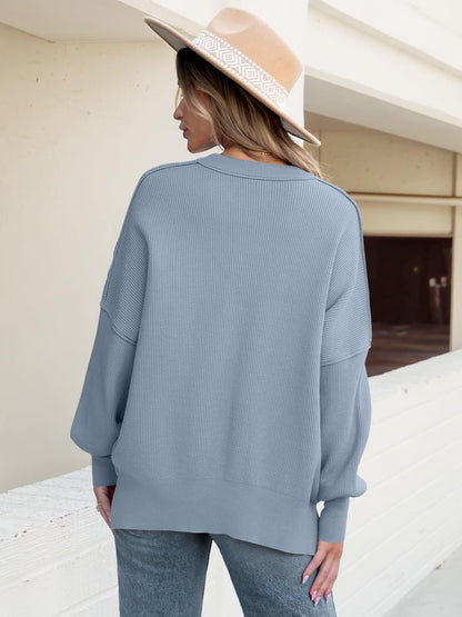 Women Oversized Side Slit Ribbed Knit Pullover Sweaters Top