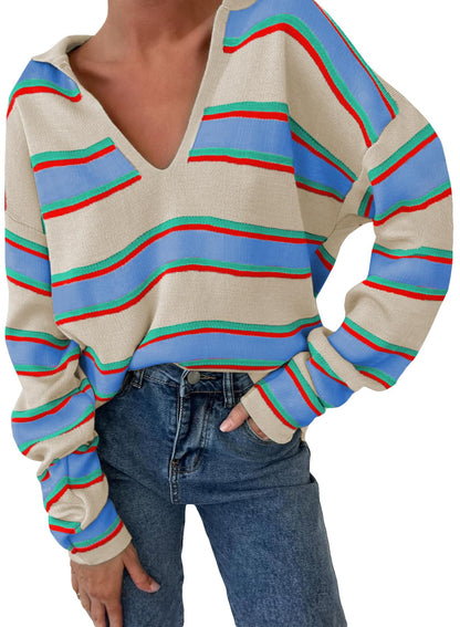 Women's V-neck Striped Oversized Sweater Pullover Top