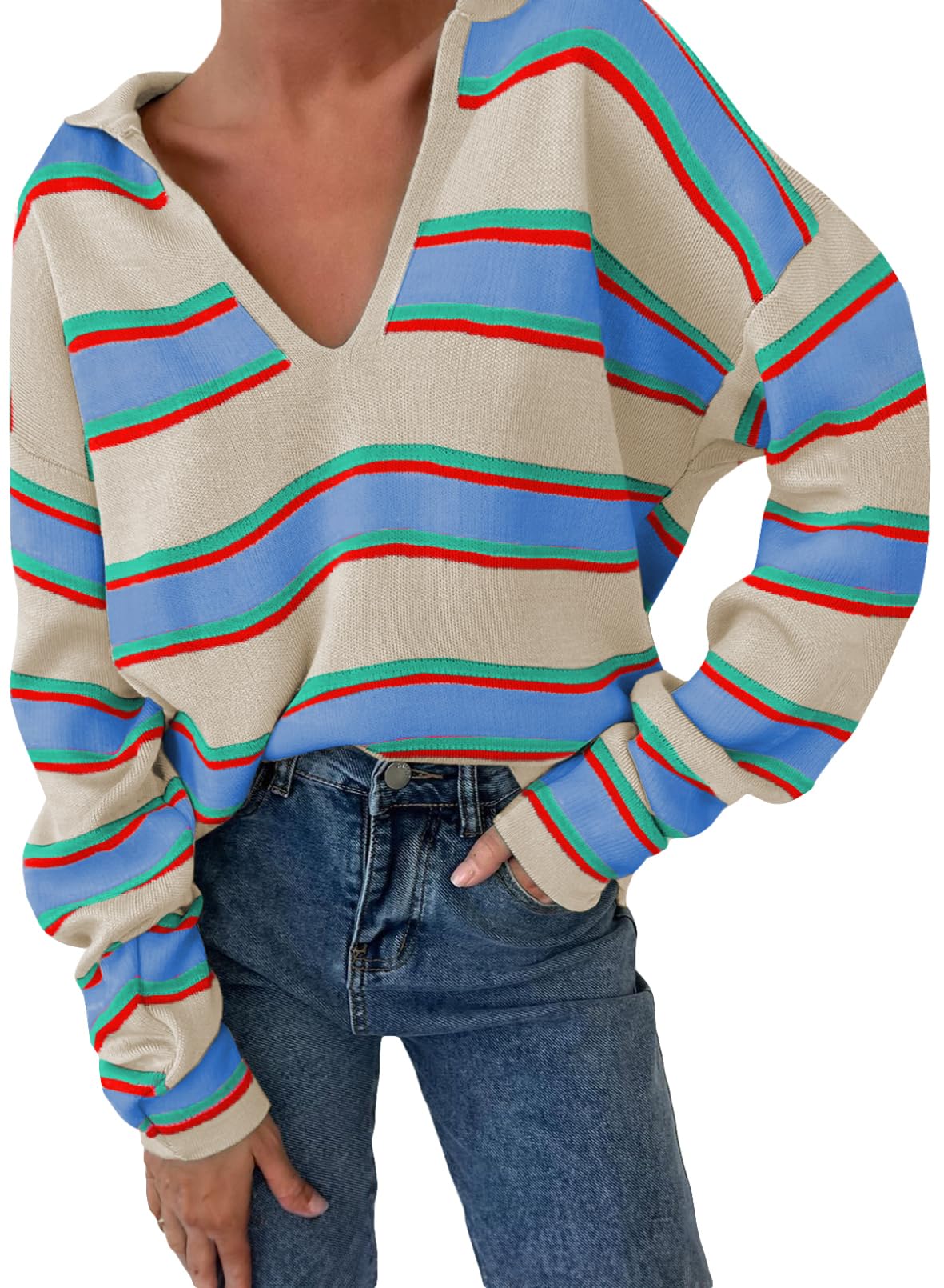 Women's V-neck Striped Oversized Sweater Pullover Top