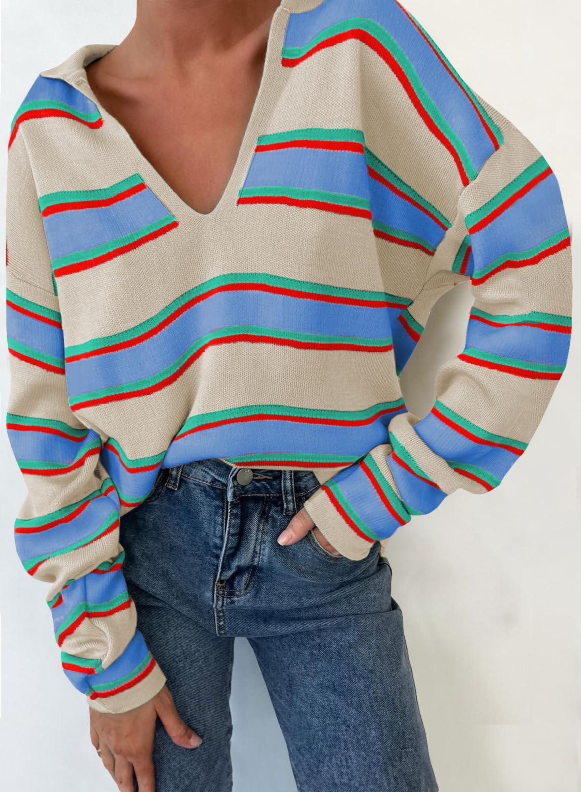 Women's V-neck Striped Oversized Sweater Pullover Top