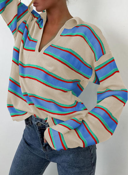 Women's V-neck Striped Oversized Sweater Pullover Top